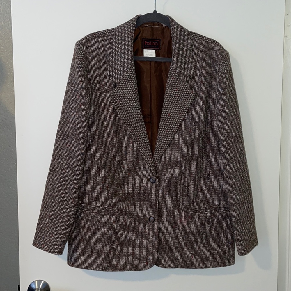 Vintage Blazer Wool Blend Brown & Multicolor Check Double Breasted sz 10/12